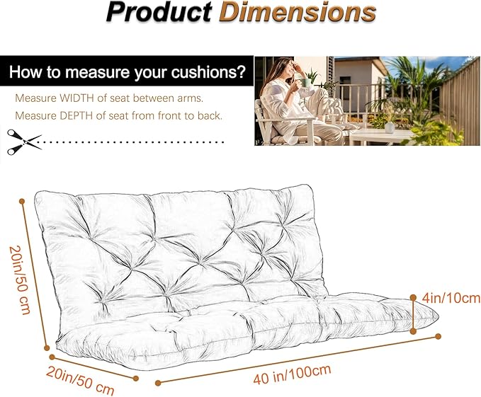 2-3 Seat Swing Replacement Cushion, Outdoor Bench Cushions with Backrest Thicken 4", Patio Furniture Garden Porch Loveseat Glider Pad Anti-Fading Waterproof (Black, 40x40in)