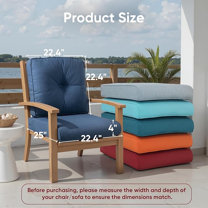 Outdoor Chair Cushion Set of 2, Waterproof Outdoor Seat Cushions 25x22, Patio Chair Cushions for Outdoor Furniture, Couch Cushion Replacement, Include 2 Back & 2 Seat Cushions, Button/Blue