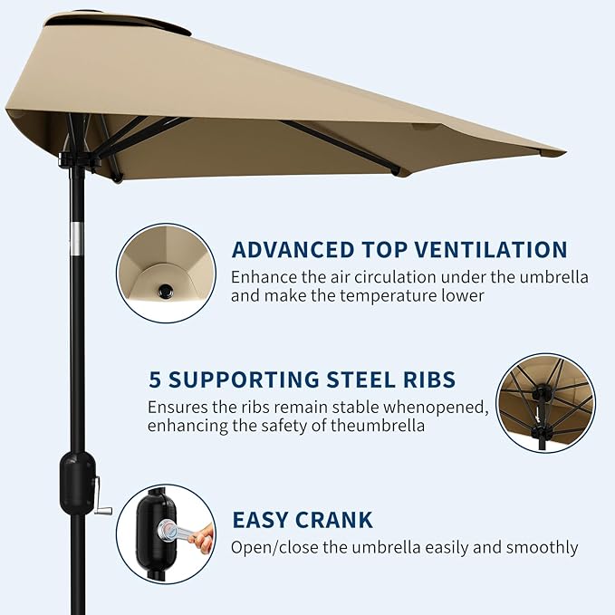 Garvee Patio Umbrella 9FT - Half Umbrella Outdoor with Smooth Crank Lift, Outdoor Shade Canopy for Patio, Backyard, Garden, Deck, Balcony -Tan