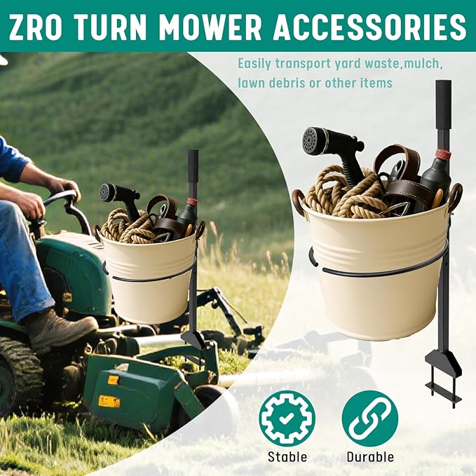 Zero Turn Mower Bucket Holder with Handle, 5 Gallon Trash Bucket Bracket Mounting Kit,Universal Fit Lawn Mower Accessories for Yard, Garden and Outdoor Cleaning Tools