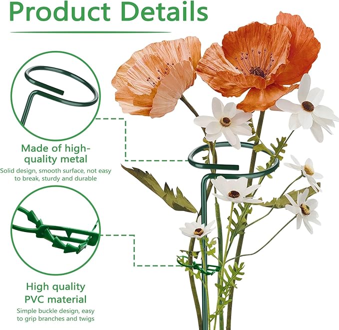Huakaile 4 Packs Adjustable 35.4" Plant Stakes and Supports with 30 Pieces 9" Twist Ties, Green Plant Holder Stick Outdoor Indoor, Metal Flower Support Stakes Rings for Gardens Vegetables (90 cm)