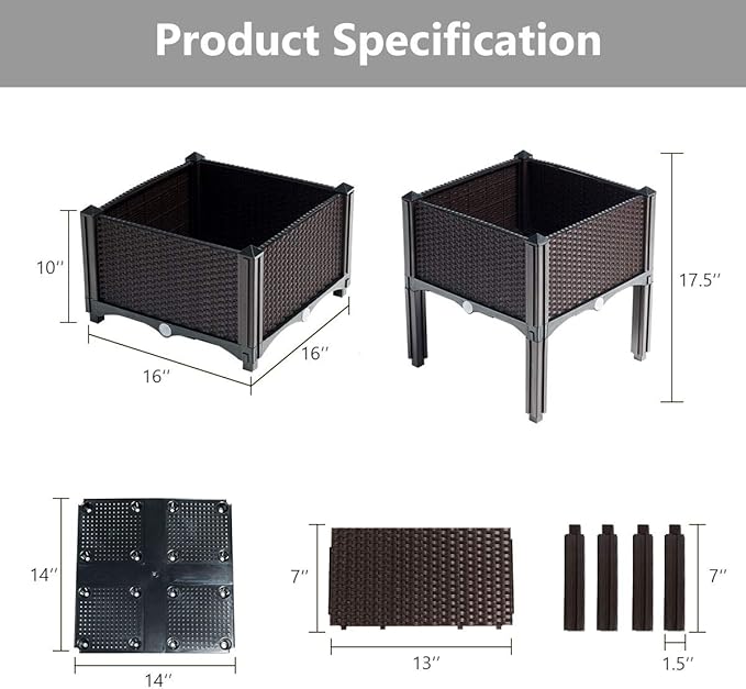 Giantex Raised Garden Bed, Set of 4 Planter Raised Beds Kits with Drain Holes for Fruit Flowers Vegetables, Outdoor Elevated Planting Box for Lawn Patio Balcony, Easy Assembly, Rattan-Like Look, Brown