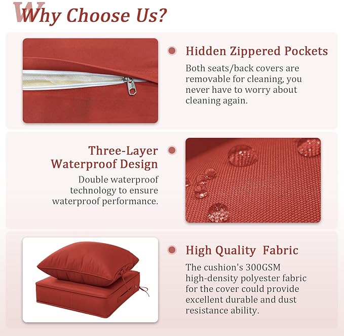 Outdoor Patio Chair Cushions Set 22 L X 24 W X 4 H Waterproof & Fade Resistant Deep Seat and Back Cushions with Removable Covers Outdoor Seat Cushion Set for Chairs and Sofas
