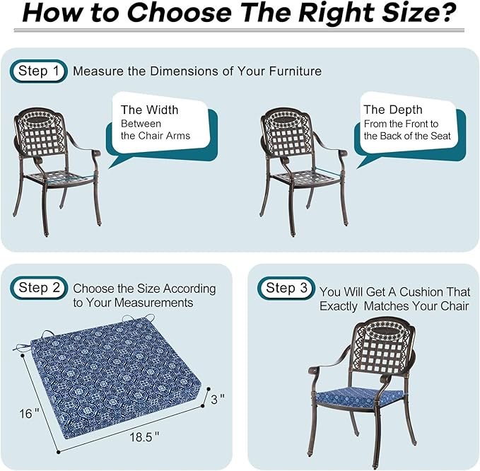 Basic Beyond Outdoor Chair Cushions Set of 4, Square Corner Outdoor Cushions for Patio Furniture, Water Resistant Patio Chair Cushions with 2 Ties, 18.5x16x3, Blue Circles