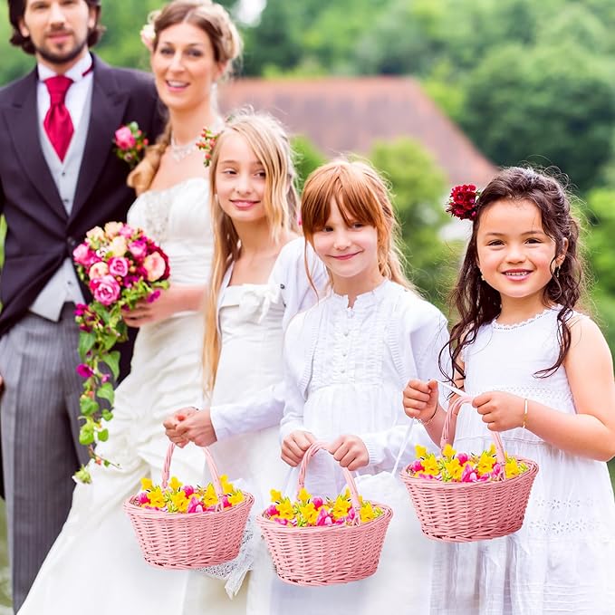 Barydat 6 Pcs Small Wicker Picnic Basket with Handle Flower Girl Baskets Oval Willow Woven Braided Gift Basket for Easter Weddings Baby Shower Home Garden Decor (Pink,9" x 7" x 4")