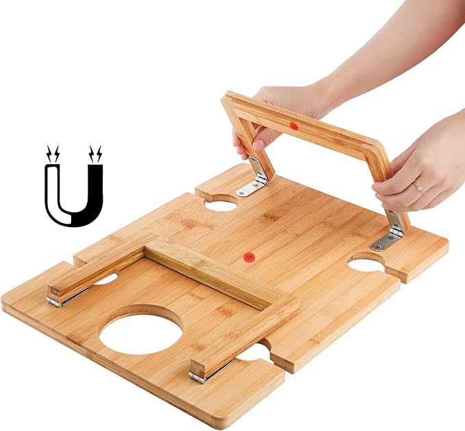 Peohud Portable Wine Picnic Table, Foldable Champagne Picnic Snack Table Tray, Wooden Outdoor Picnic Table with Glass Holder for Park, Beach, Camping, Bed, Wine Lover Gift