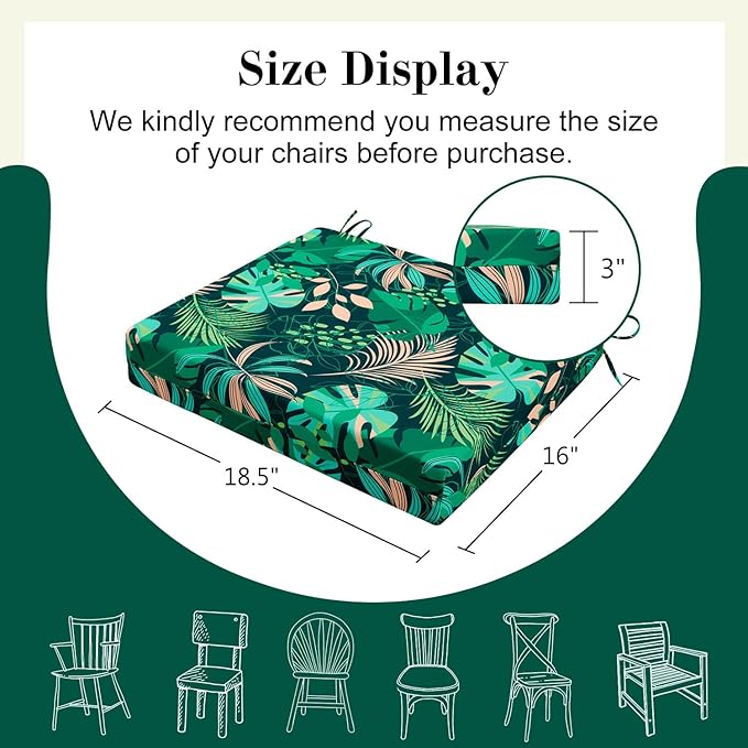 Cozyide Outdoor Chair Cushions, Waterproof Patio Seat Cushions with Adjustable Straps, Square Corner Patio Chair Cushions for Garden, Green Leaf, 18.5x16x3 Inch (Pack of 4)