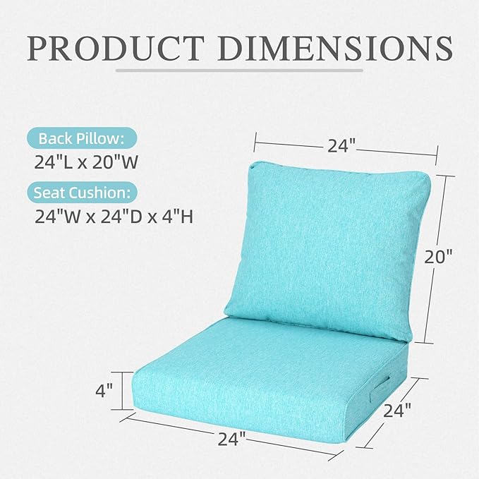 Aoodor 24" x 24" Patio Deep Seat Cushion Set, Water Resistant & Fade Resistant Outdoor Furniture Cushions with Adjustable Straps for Patio, Deck, Garden, Set of 2, Teal