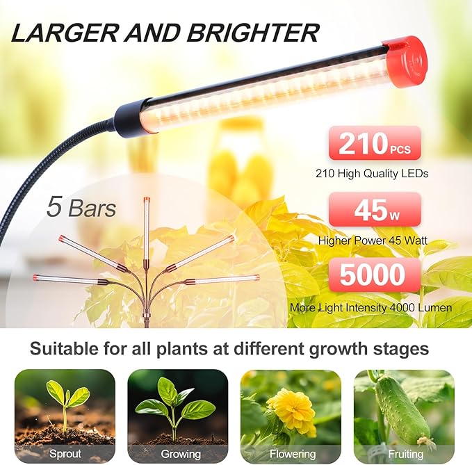 FECiDA 2026 5Head Table Top Grow Lights for Seed Starting, Indoor Plants, Bonsai, 45 Watt Power Draw, NO Need Adapter, 4/8/12/16/20H Timer, 16"-24" Height Adjustable, Big Coverage