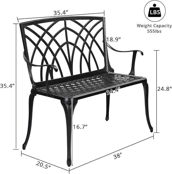 Outvita Outdoor Cast Aluminium Bench, 38" Weather Resistant Patio Bench with Orchid Pattern for Front Porch, Backyard, Lawn