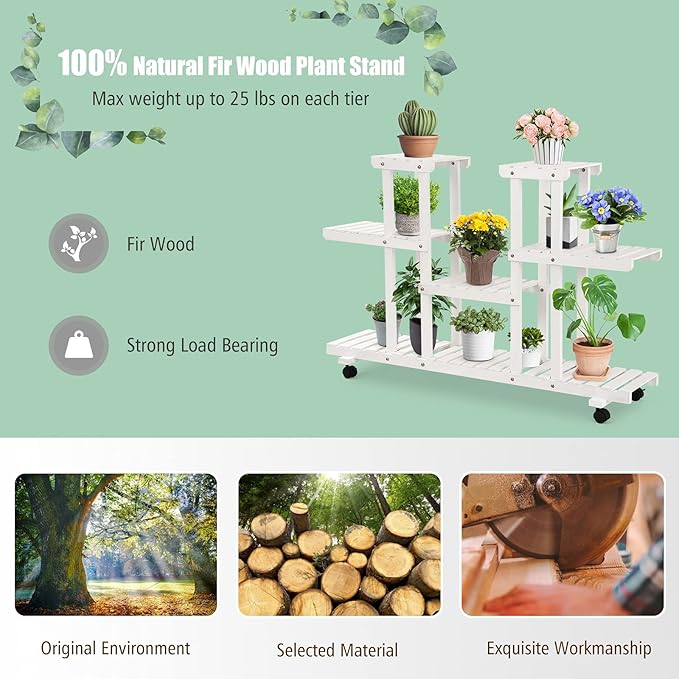 Giantex Rolling Flower Rack Wood Plant Stand on Wheels 6 Wood Shelves 12 Pots Bonsai Display Shelf Indoor Outdoor Yard Garden Patio Balcony Living Room Storage Rack Bookshelf Hollow Shelves (White)