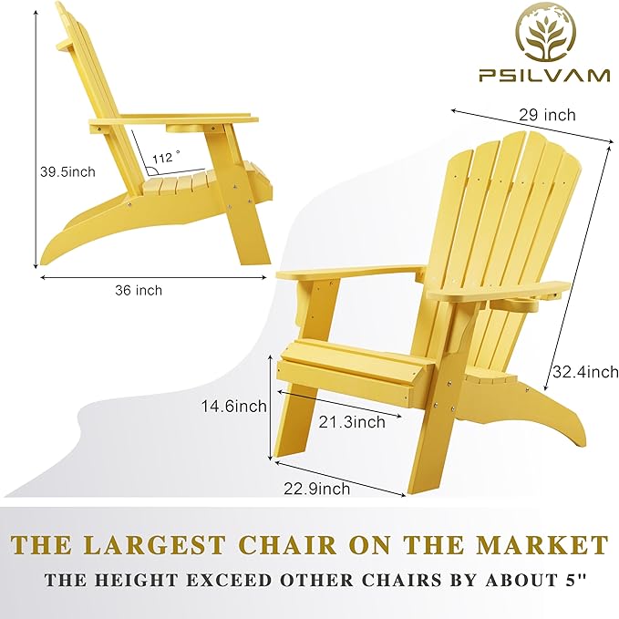 Psilvam Adirondack Chair, Oversized Poly Lumber Fire Pit Chair with Cup Holder, 350Lbs Support Patio Chairs for Garden, Weather Resistant Outdoors Seating, Relaxing Gift for Father & Mother (Yellow)