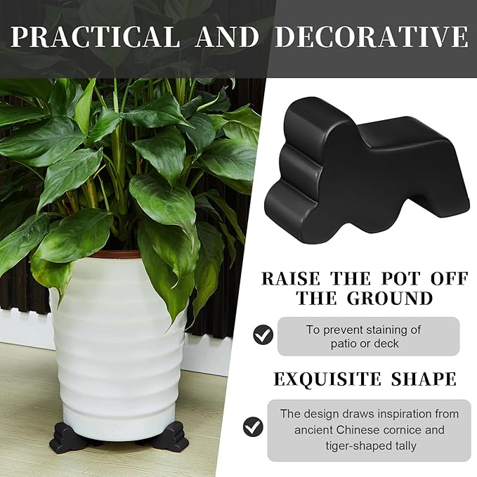 Kigeli 6 Pcs Resin Garden Pot Feet for Outdoor Planters 3 Inch Long 1.5 Inch Tall Flower Handmade Elevator Plant Feet Frost Proof Lifter for 14-20 in Pot(Black,Classic)