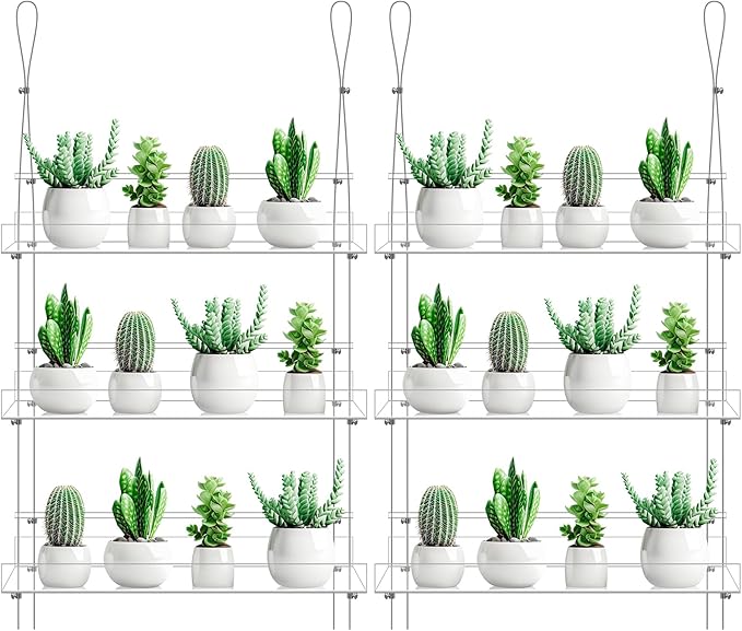 2 Pcs 16 Inch 3 Tier Clear Hanging Window Plant Shelves Acrylic Shelves Hanging Plant Stand Window Hanger Flower Pot Organizer Storage for Indoor Wall Garden Grow Herb