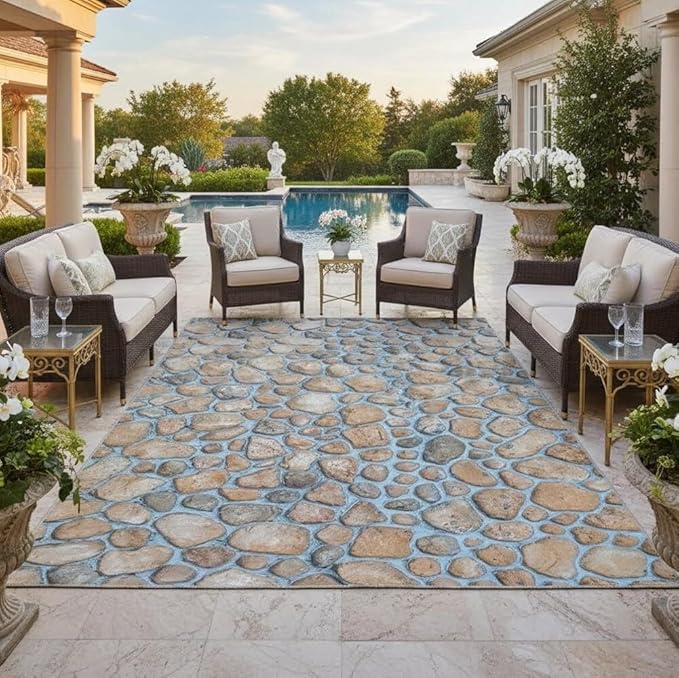 Blue Beige Brown Pebbles Modern Farmhouse Outdoor Rugs 10x12 Natural Non Shedding Waterproof Thin Cozy Beach House Carpets for Patios Poolside Balcony Backyard Deck Porch Low Pile Floor Mats
