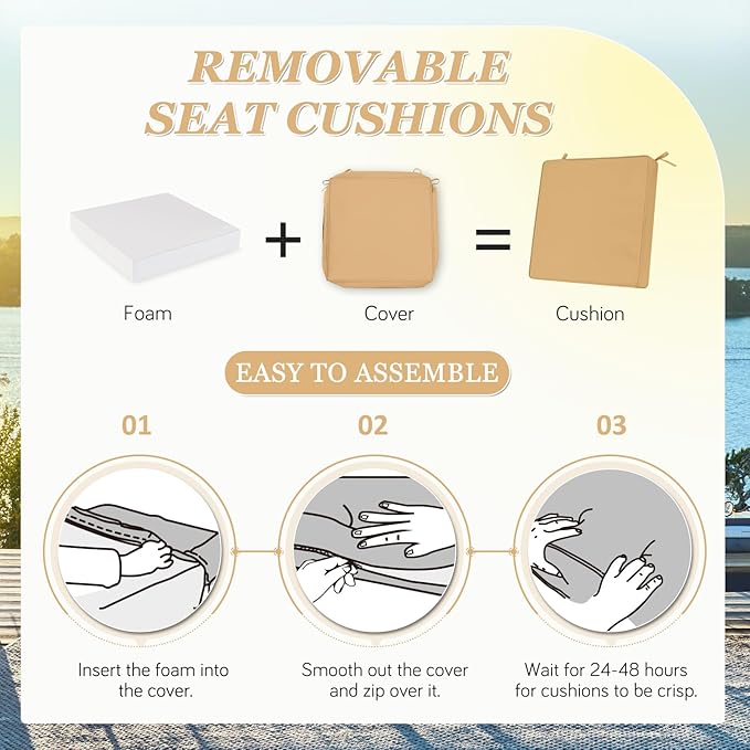 Waterproof Outdoor Chair Cushions Set of 2, Square Outdoor Seat Cushions with Ties and Removable Covers, 19 x 19 Outdoor Cushions for Patio Furniture with Portable Handle(Khaki)