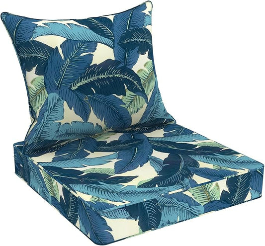 Outdoor Deep Seat Cushion Set, Water Repellent 24"x24" Patio Thick Cushions Replacement with Seat & Back Pillow for Patio Sofa, Wicker Chair, Couch - Swaying Palms Blue