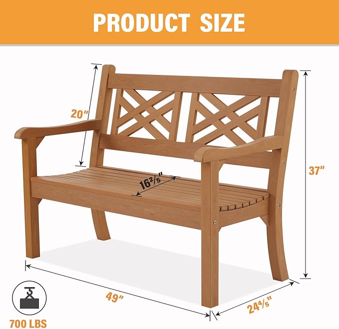 Psilvam 49''W All-Weather Poly Lumber Outdoor Bench – 2- Person Garden Bench with Decorative Backrest & Curved Armrests, Anti-Fade Patio Bench for Porch, Backyard, and Park(Teak Color)