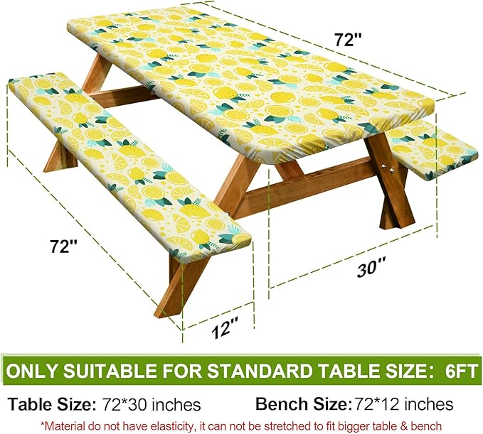 Picnic Table Cover with Bench Covers 6FT 3 Pcs Waterproof Windproof Aesthetic Camping Tablecloth with Drawstring Bag, Fitted for 6 Foot Rectangle Tables and Seats, 72 inch, Yellow Lemon