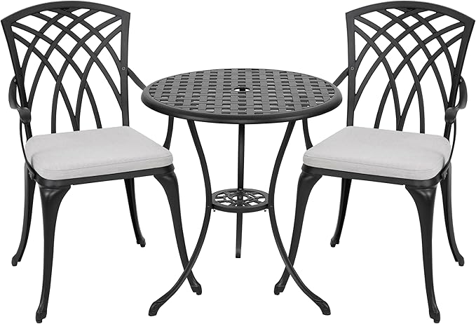 NUU GARDEN Bistro Set 3 Piece Outdoor All Weather Cast Aluminum Patio Bistro Set Patio Table and Chairs Set of 2 with Umbrella Hole and Grey Cushions for Backyard, Balcony, Lawn, Black