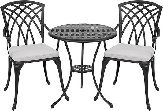 NUU GARDEN Bistro Set 3 Piece Outdoor All Weather Cast Aluminum Patio Bistro Set Patio Table and Chairs Set of 2 with Umbrella Hole and Grey Cushions for Backyard, Balcony, Lawn, Black