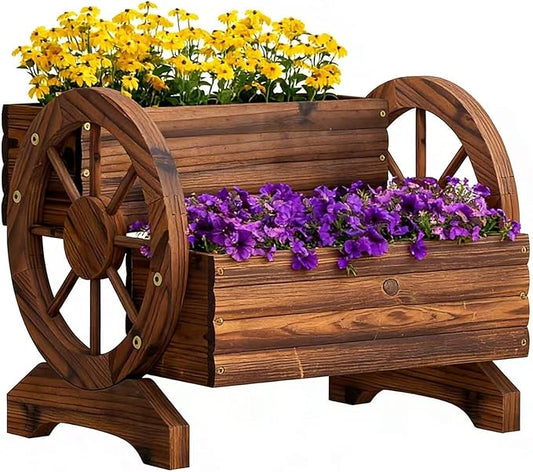 Garden Planter with Wheels, Wooden Wagon Box, Decorative Planter for Flowers Herbs Vegetables for Indoor & Outdoor Décor Flower Cart for Patio Garden Balcony (Carbonized)