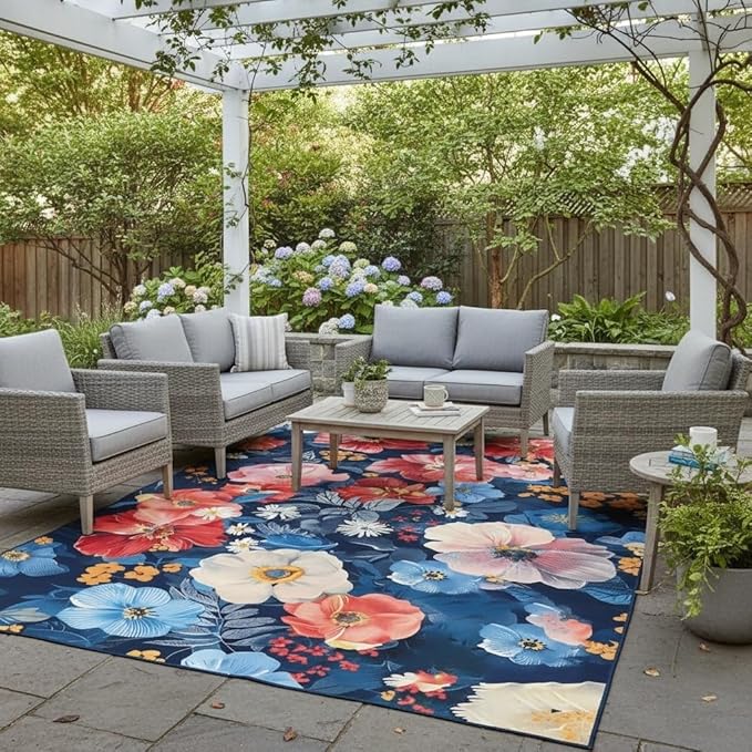 Vintage Floral 5x7 Outdoor Area Rug Country Rustic Navy Blue Red Pink Flower Pattern Outdoor Rug for Garden Backyard Balcony Patio Deck Washable Quick Dry Thin Carpet Waterproof Picnic Camping Mat