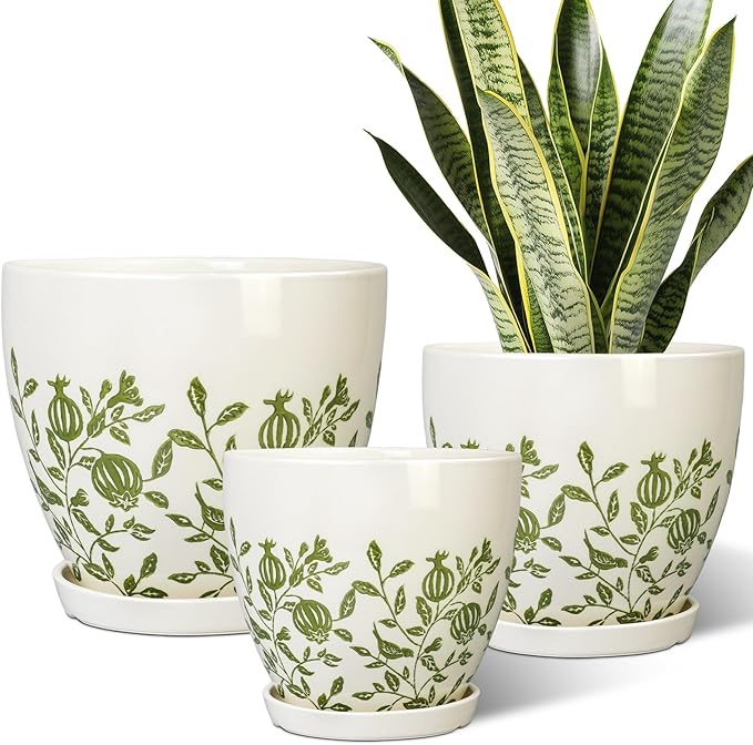 Ceramic Flower Pots Indoor - 10+8+6 Inch Ceramic Planters for Outdoor Plants, Boho Round Planter Pots with Drainage Holes and Saucers, Plant Lover Gifts, Patio Decor, Set of 3, White