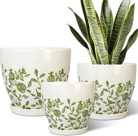 Ceramic Flower Pots Indoor - 10+8+6 Inch Ceramic Planters for Outdoor Plants, Boho Round Planter Pots with Drainage Holes and Saucers, Plant Lover Gifts, Patio Decor, Set of 3, White