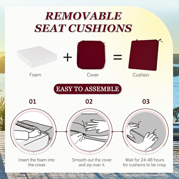 Waterproof Outdoor Chair Cushions Set of 2, Square Outdoor Seat Cushions with Ties and Removable Covers, 24 x 24 Outdoor Cushions for Patio Furniture with Portable Handle(Burgundy)