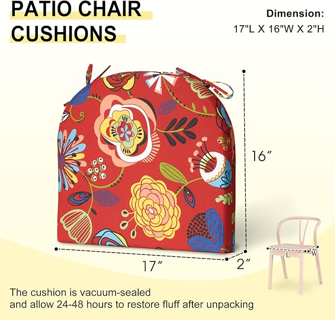 downluxe Outdoor Chair Cushions Set of 4 for Patio Furniture, Water-Resistant Patio Chair Cushions with Ties, High Density Foam Outdoor Seat Cushion, 17" X 16" X 2", Sonia Scarlet