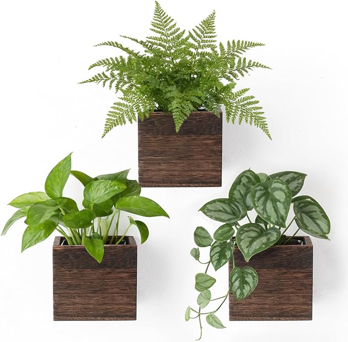 Dahey Small 4 Inch Wood Wall Hanging Planter Boxes for Indoor Plants 3 Pack Square Rustic Farmhouse Wall Mounted Flower Pot Vases with Plastic Liner for Flower Greenery Garden Home Centerpiece Decor