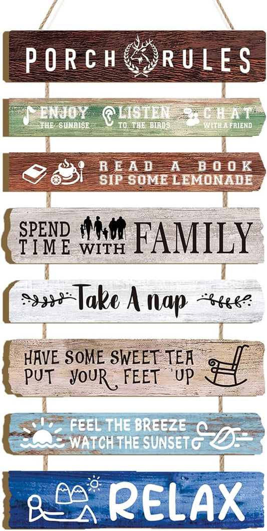 HLNIUC Porch Rules Wall Decor,Relax Sign Wooden Plaques,Inspirational Hanging kits,Family Positive Sayings Wooden Wall Art set of 8(19x12inch) Farmhouse Decor For Garden Yard Porch Home Decor