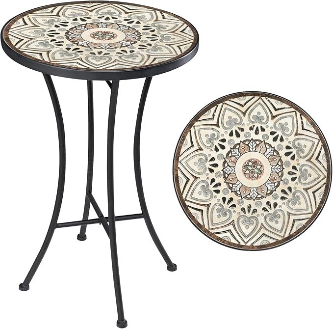 Vipush Mosaic Outdoor Side Table, 14" Round Folding Plant Stand for Patio Garden Backyard Balcony Porch Indoor Accent End Table for Living Room, Ceramic Tabletop with Black Iron, Melard