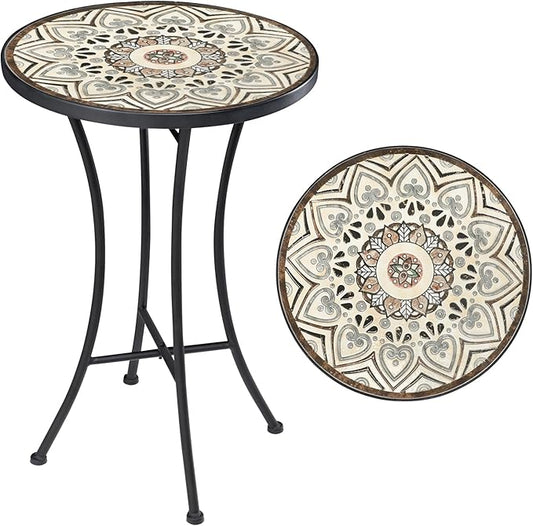 Vipush Mosaic Outdoor Side Table, 14" Round Folding Plant Stand for Patio Garden Backyard Balcony Porch Indoor Accent End Table for Living Room, Ceramic Tabletop with Black Iron, Melard
