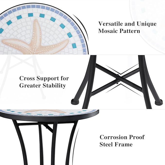 Vipush Mosaic Outdoor Side Table, 14" Round Folding Plant Stand for Patio Garden Backyard Balcony Porch Indoor Accent End Table for Living Room, Ceramic Tabletop with Black Iron, Starfish