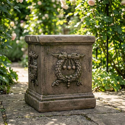 17 Inch Sculptural Garden Plinth Base Statue, Embossed Design Durable and Sturdy Resin Fiber Base,Antique Stone Finish