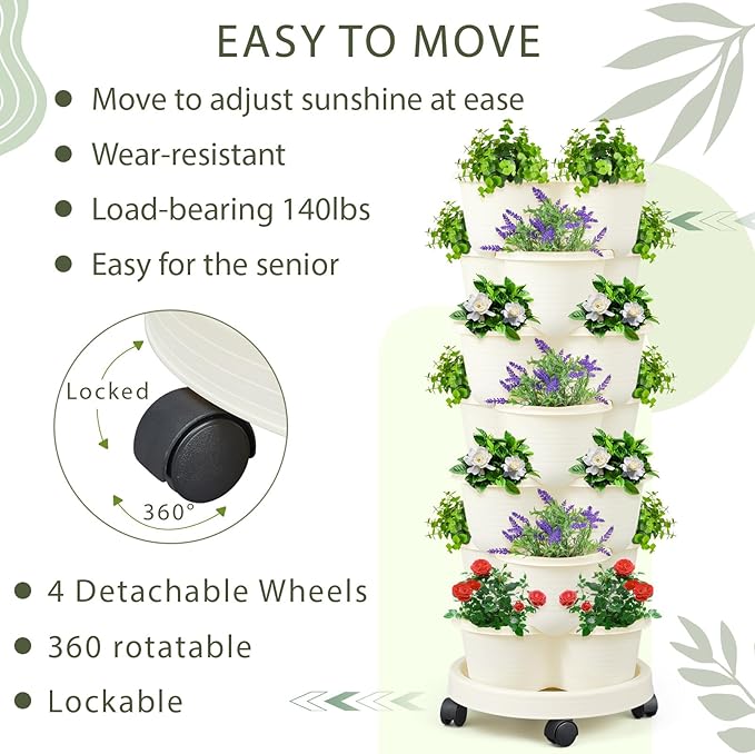 Umigy 2 Set of 7 Tier Stackable Vertical Planters with Removable Wheels and Tools Tower Planters Strawberry Herb Flower Vegetable Pots Indoor Outdoor Gardening Pots(Ivory)