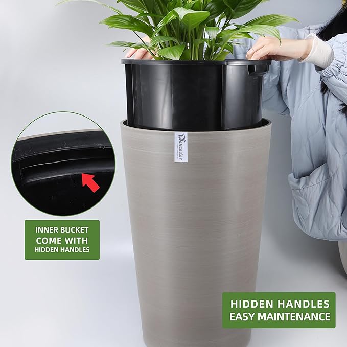 Dexceder 16x12 Tall Self Watering Planter High Cylinder Indoor Outdoor, Thickened Large Floor Standing Flower Plant Pot with Water Level Indicator (Coffee, Wire Drawing)