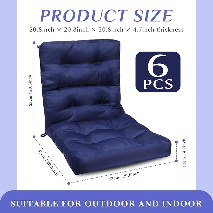 Hoteam 6 Set Patio Chair Cushions Outdoor High Chair Cushion 20 x 40 Inch Waterproof Patio Seat Rocking Indoor Thickened Pad(Solid Color Style,Navy Blue)