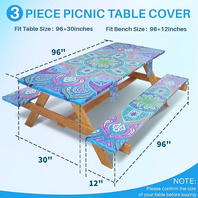 Picnic Table Cover with Bench Covers Non Slip Waterproof Vinyl Tablecloth for 8 Foot Rectangle Tables Gardening Needs Camping Rv Roadtrip Items for Tent Camper Gift for Teen Woman Man