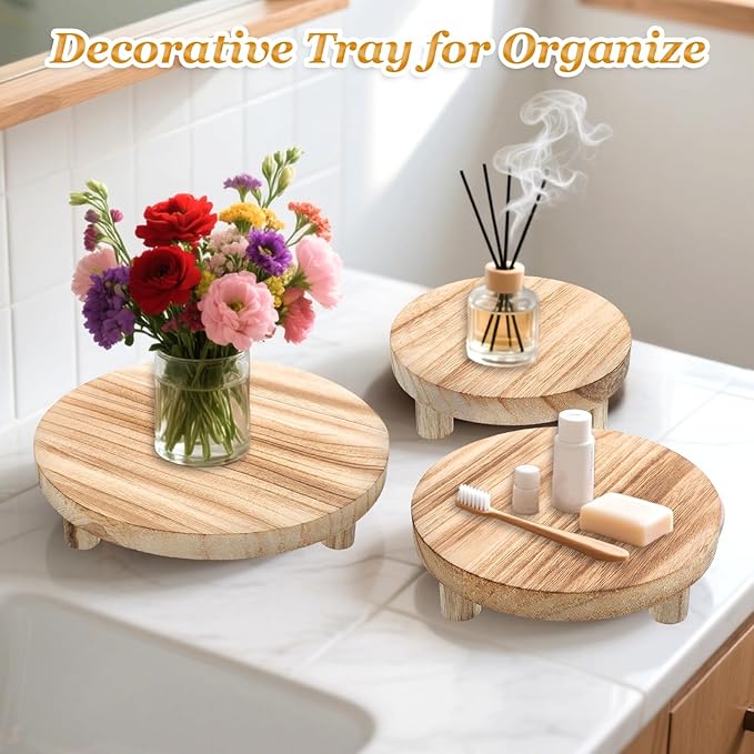 4 Pcs Wooden Risers Display Stands, Round Wood Risers Display Pedestal Stands Mini Tiered Tray Stand Rustic Wood Riser for Home Decor Kitchen Counter (5", 6", 7", 8",Brown)