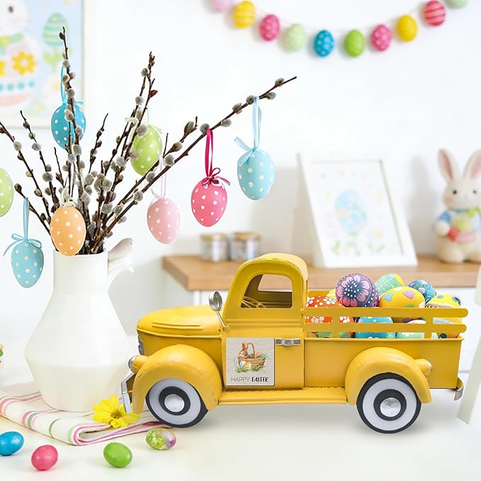 Easter Decorations 13.4 Inch Farmhouse Vintage Truck with 20 Magnets Interchangeable Seasonal Decor Rustic Metal Pickup Spring Holiday Easter Centerpieces for Tables Home Garden, Yellow
