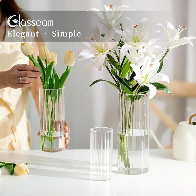Glasseam Glass Cylinder Candle Holder, Clear Ribbed Vase Set of 18, Hurricane Pillar Candle Holder, Floating Candle Holders for Table Centerpiece, Flute Flower Vases for Centerpieces Dining Table