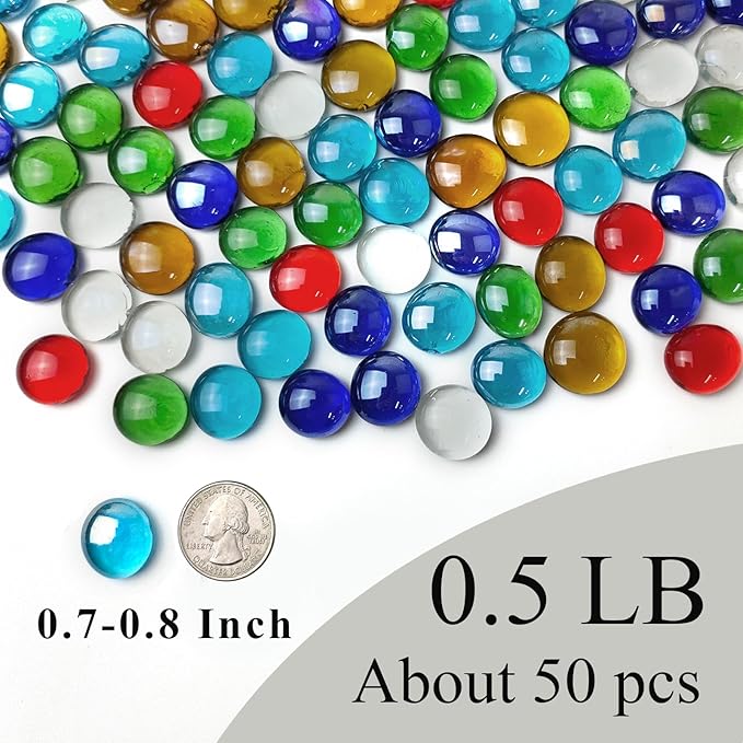 50 Pcs Flat Glass Marbles for Vase, Mancala Beads Gems. Decorative Glass Rocks for Vase Filler Fish Tank Floral Crafts Centerpieces and Mosaic