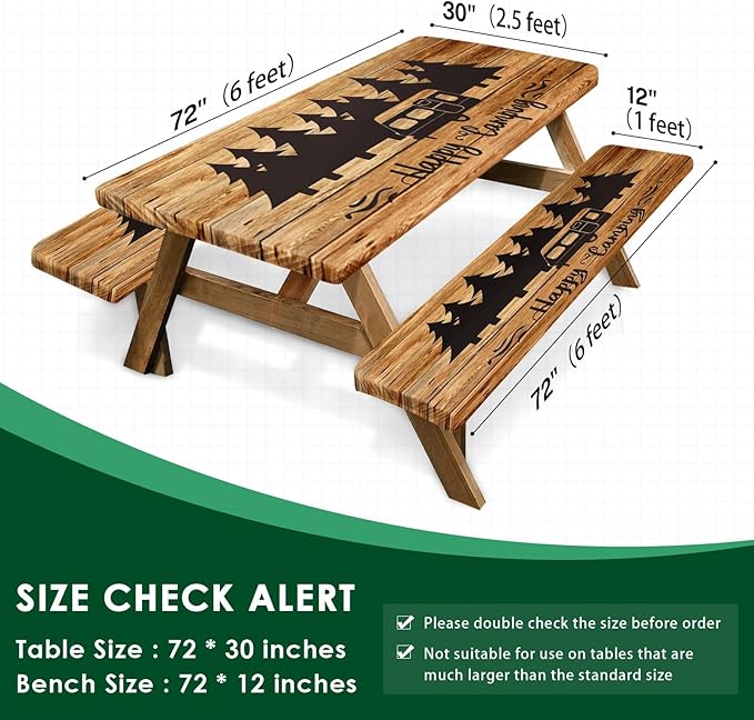 Picnic Table Cover with Bench Covers Elastic Edges, Wood Camper Fitted Table Cover, Outdoor Patio Camping Essentials 72 Inch 3PCS, Waterproof Camping Fitted Tablecloth with Drawstring Bag
