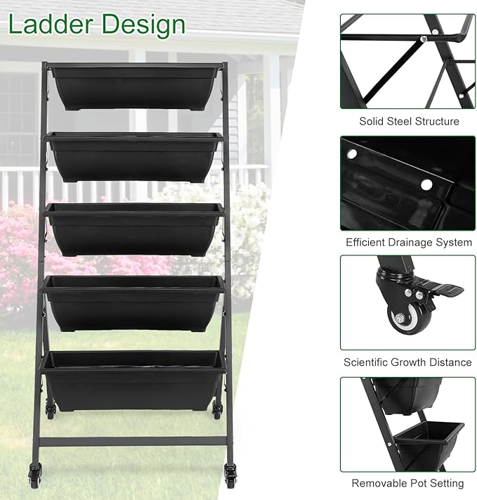 5 Tier Metal Vertical Raised Garden Bed,Tiered Planter Stand with Wheels,Vertical Garden Planter for Indoor & Outdoor,Vegetable Flower Raised Stand,for Patio Balcony Lawn Porch Yard (Black)