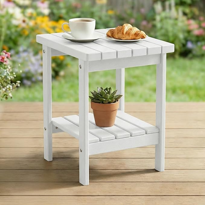 PASAMIC 2-Tier Adirondack Square Outdoor Side Table, HDPE Small Outdoor Table, Patio End Table for Patio, Pool, Backyard, Weather-Resistant (White)