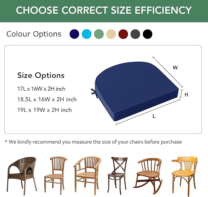 Outdoor Chair Cushions Set of 2: Waterproof & Fade Resistant Patio Furniture Cushions - 18.5 x 16 x 2 Inch Non Slip Round Corner Seat Cushion Pads with Removable Cover for Garden Yard Lawn, Navy Blue