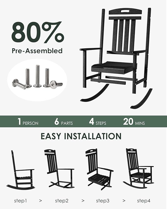 Outdoor Rocking Chair Set of 6, All-Weather Resistant Poly Lumber Rocker Chair Outdoor, High Back Plastic Patio Rocking Chairs for Outside Porch Rocker Garden Lawn, Black